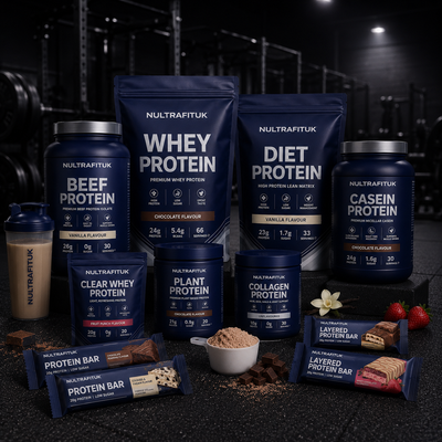 Whey protein supplements collection displayed in a gym setting with premium NULTRAFITUK protein tubs