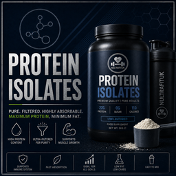 A dark promotional graphic for NULTRAFITUK Protein Isolates, showing a large black tub of protein powder, a smaller shaker bottle, and a scoop of white powder on a dark blue background with text and feature icons.