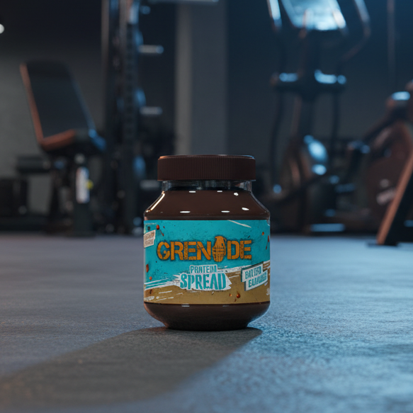 Jar of Grenade chocolate protein powder on a gym floor with equipment in the background