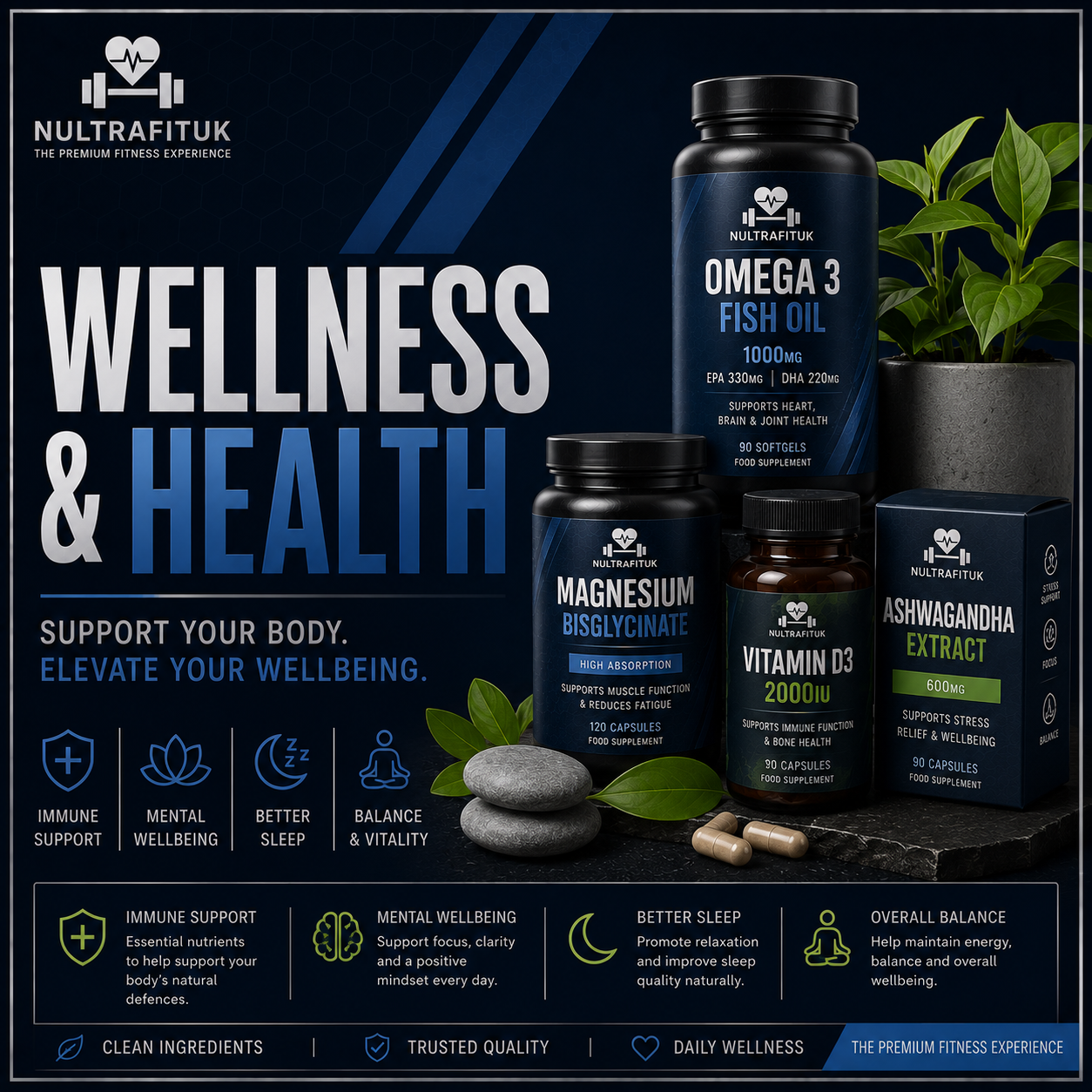 A promotional product graphic for NULTRAFITUK wellness supplements, showing several dark bottles and boxes including Omega 3 Fish Oil, Magnesium Bisglycinate, Vitamin B3, Ashwagandha Extract, and a box, arranged with stones and green leaves on a dark blue background with text overlays.