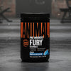 Black container of Animal Pre Workout Fury Essentials with orange and white text on a white background