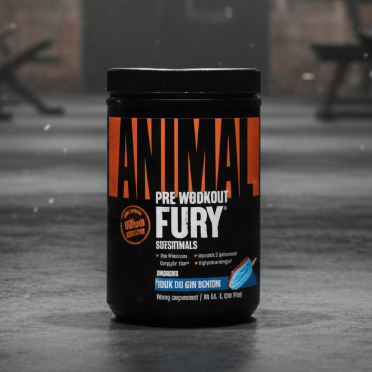 Black container of Animal Pre Workout Fury Essentials with orange and white text on a white background