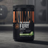 Pre-workout supplement container labeled 'Fury' in a gym setting