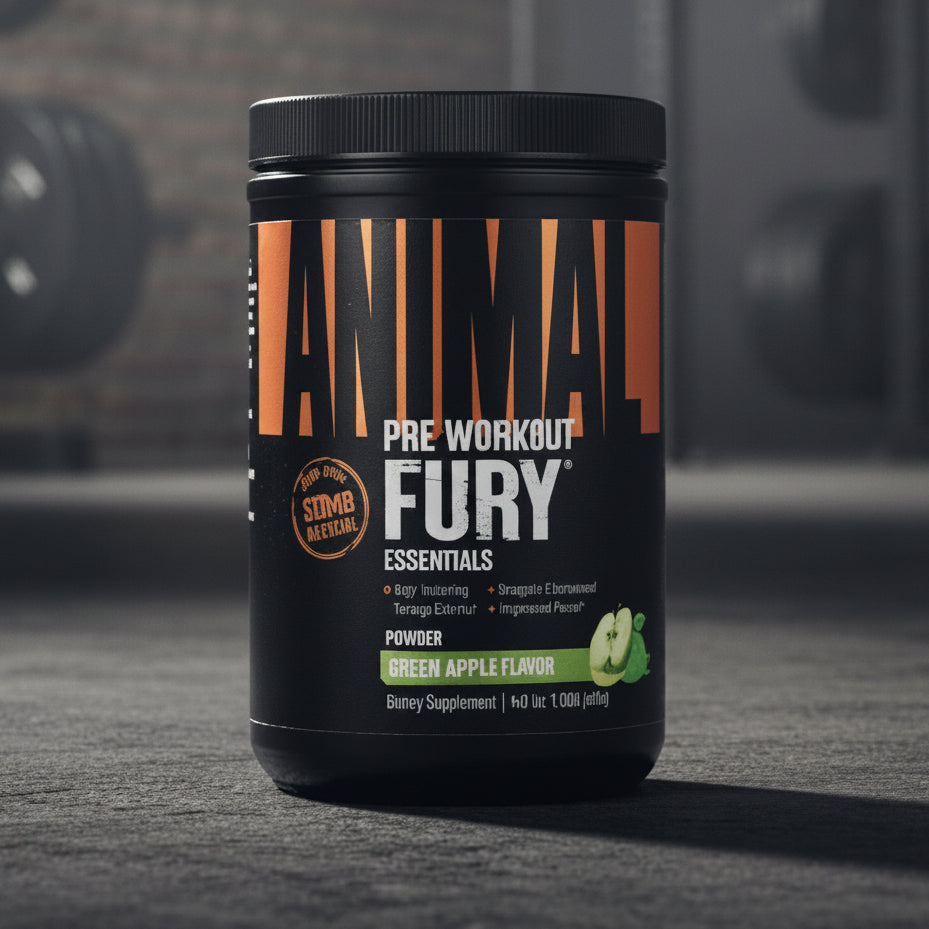 Pre-workout supplement container labeled 'Fury' in a gym setting