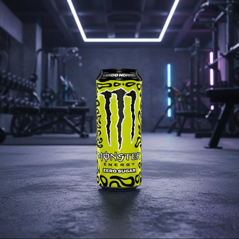Monster Energy Zero Sugar can with Lando Norris branding on a gym background
