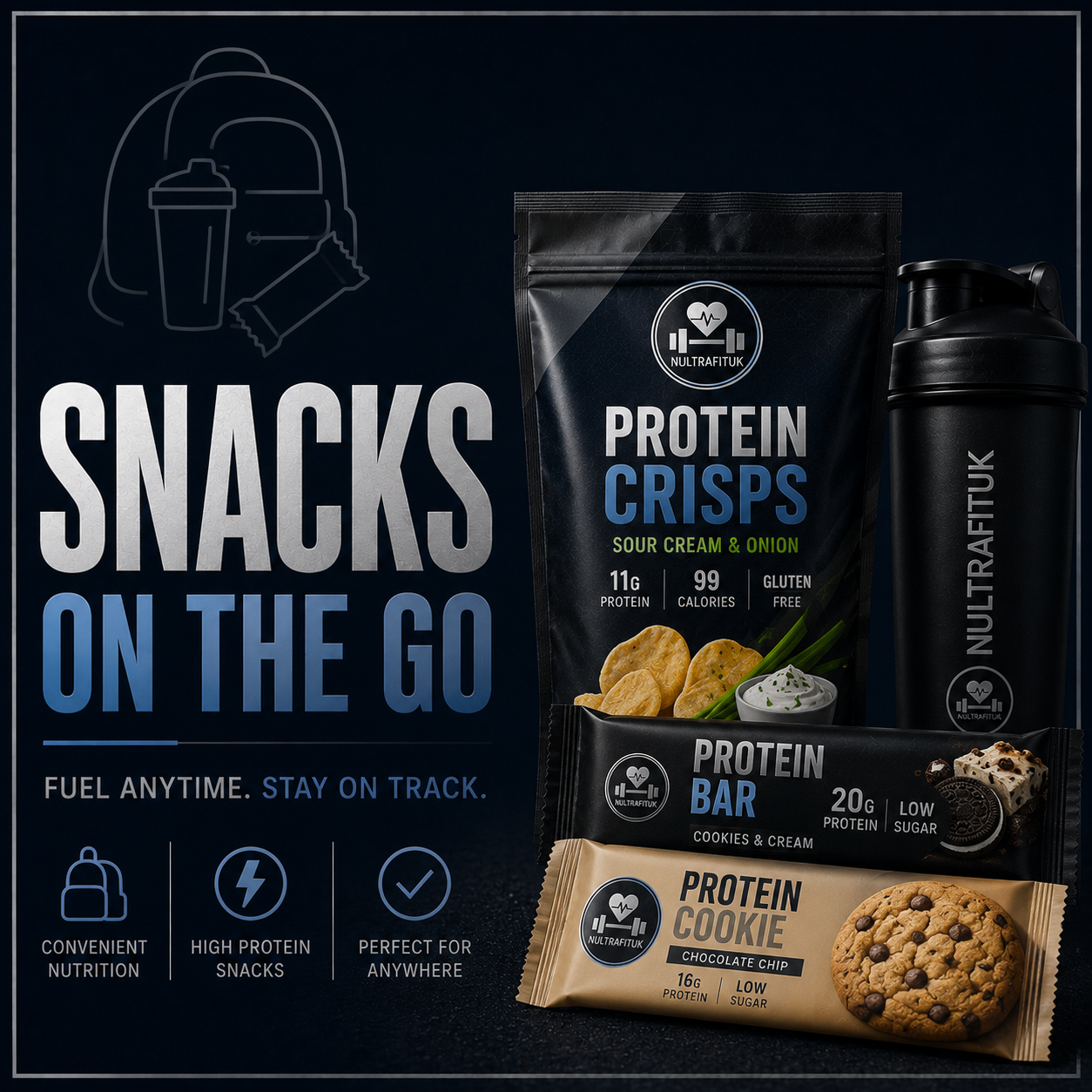 A promotional product graphic for NULTRAFITUK Nutrition protein snacks. The image shows a black pouch labelled Protein Crisps, a black shaker bottle, and a chocolate chip protein bar labelled Protein Bar, arranged on a dark navy background with large text reading 'SNACKS ON THE GO' and feature icons.