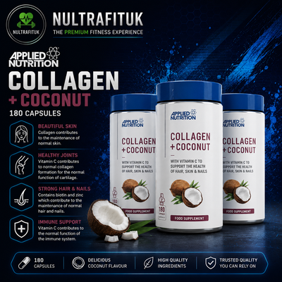 Three bottles of Applied Nutrition Collagen + Coconut dietary supplement capsules displayed on a dark blue and black background with promotional text and icons.