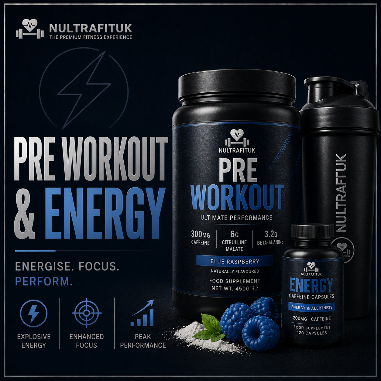 NULTRAFITUK pre workout and energy supplement set featuring a large black tub, a black shaker bottle, and a smaller black capful bottle with blue raspberry flavour, set against a dark navy background with promotional text and icons.