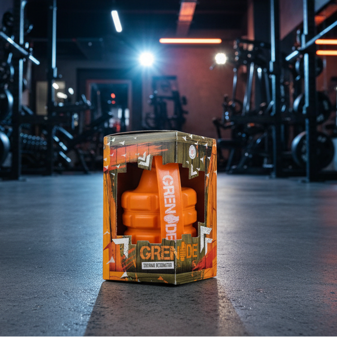 Orange Grenade supplement container in a gym setting