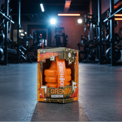 Orange Grenade supplement container in a gym setting