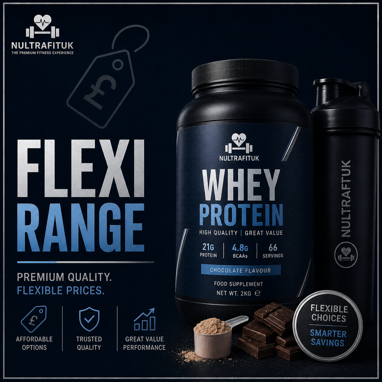 NULTRAFITUK Whey Protein chocolate flavour tub in a dark navy container with a black lid, shown alongside a matching shaker bottle on a dark blue promotional background with text and product icons.