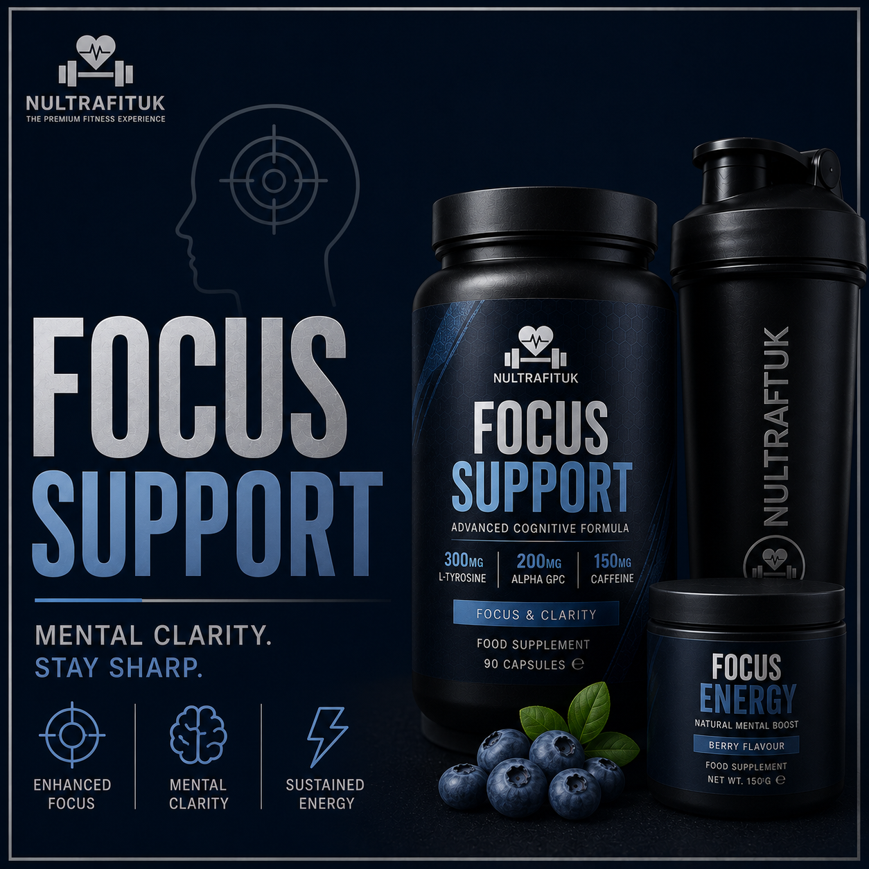 NULTRAFITUK Focus Support dietary supplement set featuring a large black bottle of 90 capsules, a tall black shaker bottle, and a smaller black jar of berry flavour energy supplement, displayed against a dark navy background with promotional text and blueberries.
