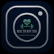 A digital logo design for 'NULTRAFITUK' fitness, featuring a green heart with an EKG line and barbell icon inside a silver circular frame on a dark navy blue rounded square background.