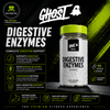 A bottle of Ghost Basics Digestive Enzymes dietary supplement on a dark promotional background with text callouts, icons, and branding.