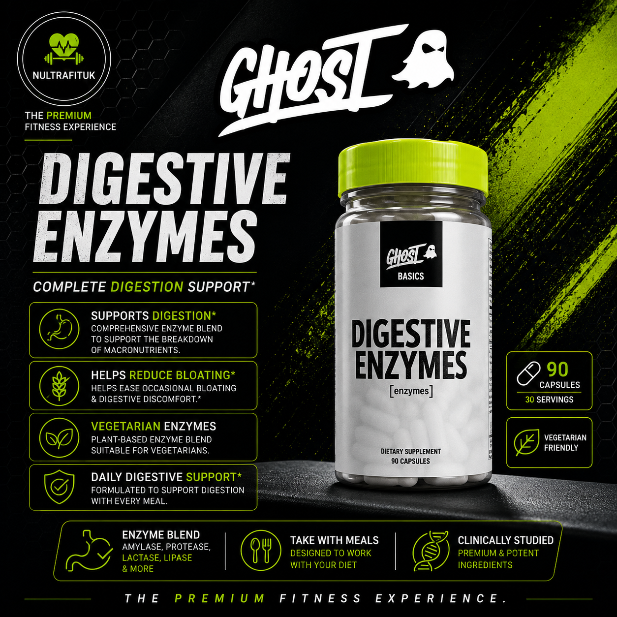 A bottle of Ghost Basics Digestive Enzymes dietary supplement on a dark promotional background with text callouts, icons, and branding.
