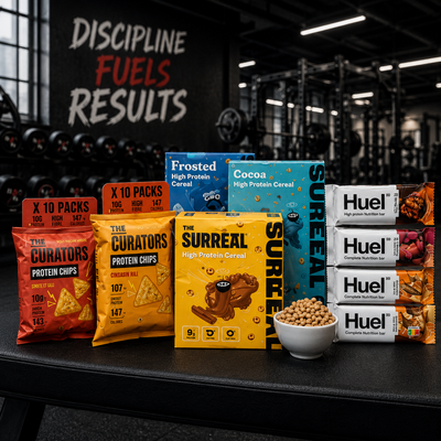 Assorted health and fitness food products on a table with a gym background.