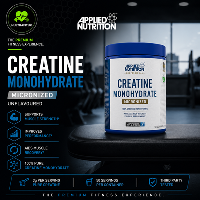 A promotional image of Applied Nutrition tub of creatine monohydrate micronized with promotional text on the left of the screen   