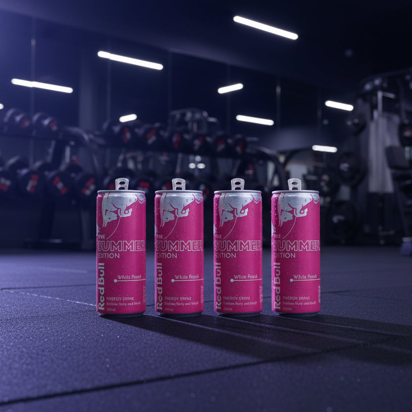 Four pink energy drink cans with silver tops on a gym floor.