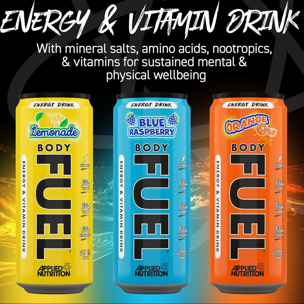 Three energy drink cans in lemonade, blue raspberry, and orange flavors with 'Body Fuel' branding on a dynamic background.