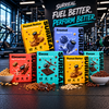 Surreal high protein cereal boxes with cereal bowls on a gym floor background