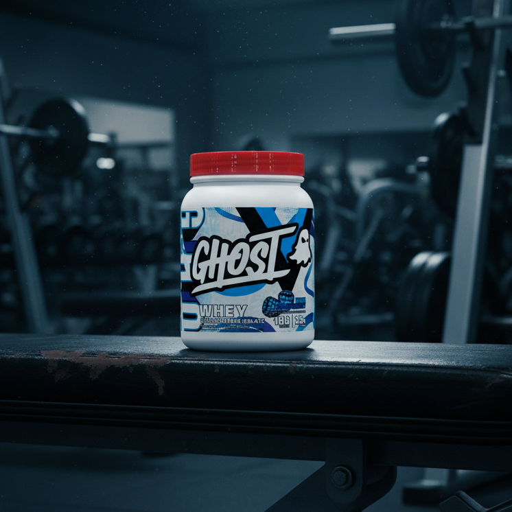 Ghost whey protein powder container on a gym floor background