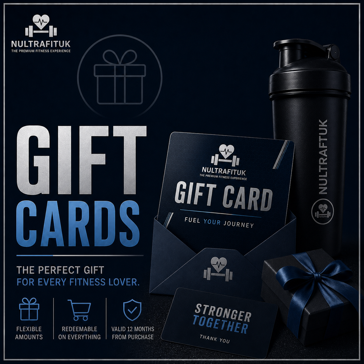 Promotional graphic for NULTRAFITUK gift cards showing a black shaker bottle, a gift card envelope, a small gift box with a blue ribbon, and large text reading 'GIFT CARDS' on a dark navy background.