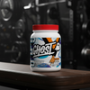 Ghost whey protein powder container with red lid on a gym floor