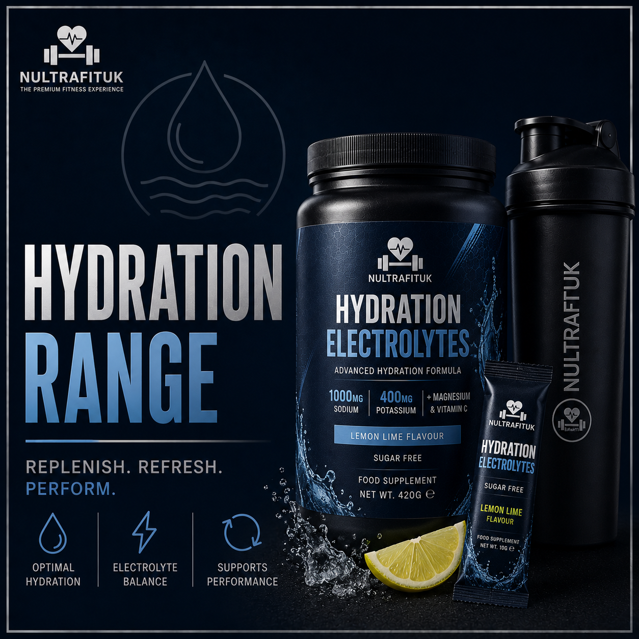 NULTRAFITUK Hydration Electrolytes Lemon Lime Flavour food supplement set, featuring a large tub, a shaker bottle, and a sachet, set against a dark blue background with water graphics and text.