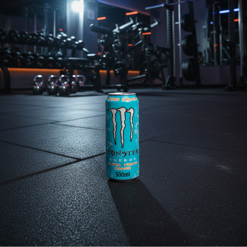 Monster Energy Ultra Fiesta Mango can on a gym background