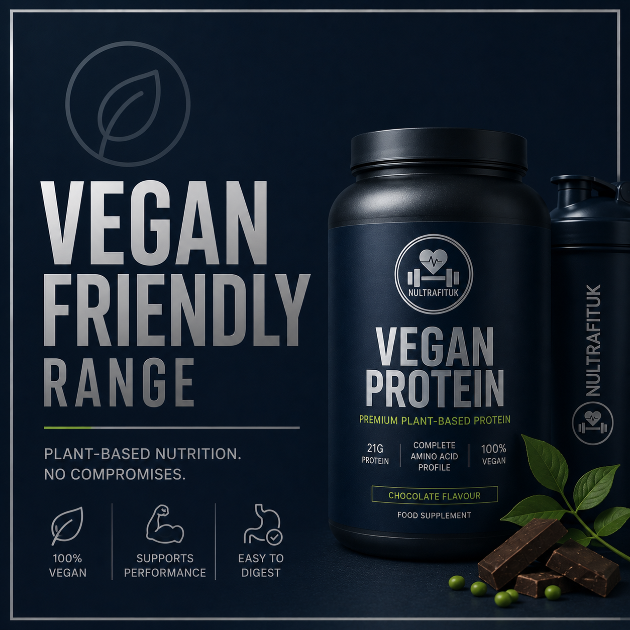 A dark navy promotional graphic for a plant-based protein powder tub labeled 'Vegan Protein' by NutraTuk. The main tub is shown prominently on the right, with a shaker bottle behind it and chocolate pieces with green beans in front.