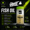 A bottle of Ghost Basics Fish Oil dietary supplement with a bright green cap, shown on a dark promotional background with product claims and supplement facts.