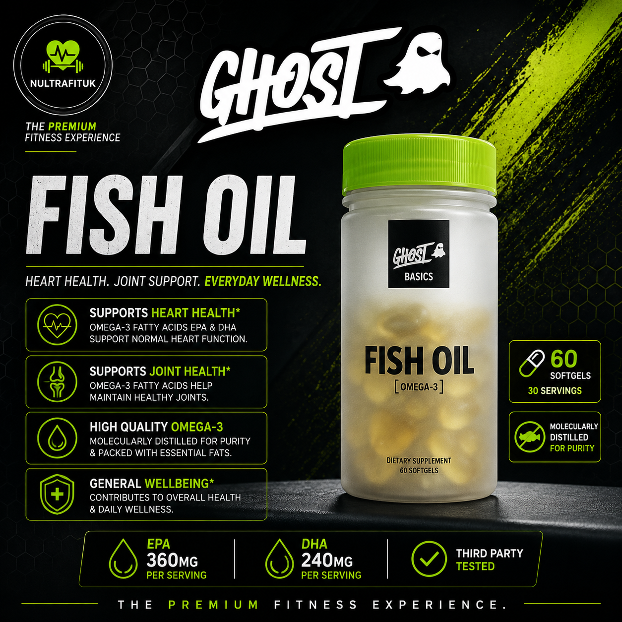 A bottle of Ghost Basics Fish Oil dietary supplement with a bright green cap, shown on a dark promotional background with product claims and supplement facts.