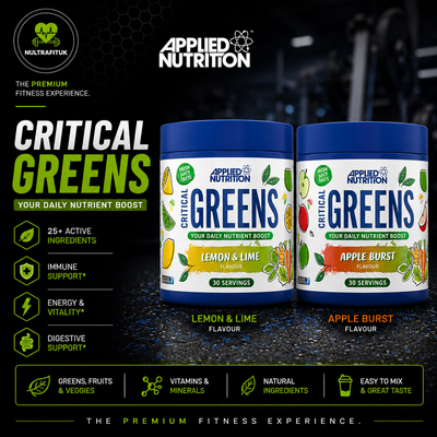 Two jars of Applied Nutrition Critical Greens dietary supplement, shown side-by-side as Lemon & Lime and Apple Burst flavours, on a dark, high-tech background with promotional text and icons.