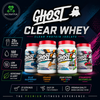 Promotional graphic for Ghost Clear Whey protein powder by NULTRAFITUK, showing four tubs of whey in Blue Raspberry, Orange Cream, Sour Strips Rainbow, and Strawberry Watermelon flavours against a dark blue and black background with colourful text and icons.