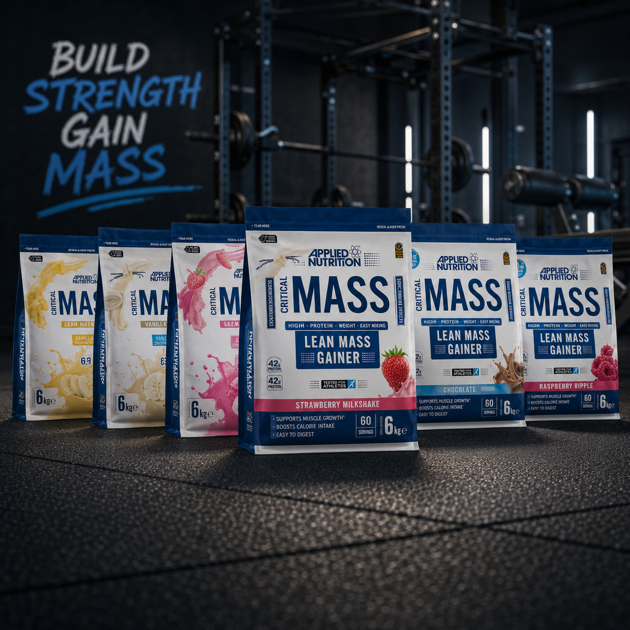 Applied nutrition critical mass protein bags on a gym floor
