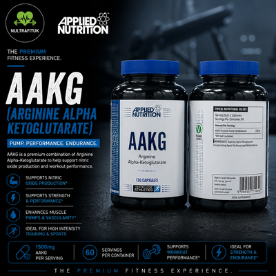 Two bottles of Applied Nutrition AAKG (Arginine Alpha-Ketoglutarate) 120 capsules, displayed on a dark, sleek background with promotional text and feature icons.