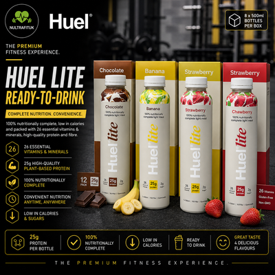Four Huel Lite ready-to-drink protein bottles in chocolate, banana, and strawberry flavours, displayed with their corresponding brown, yellow, and red boxes on a dark studio background. The image includes promotional text and branding for NULTRAFITUK and Huel.