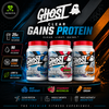 Three tubs of Ghost Clear Gains Protein Whey in Blue Raspberry, Strawberry Watermelon, and Orange Cream flavours, displayed on a black and blue promotional background with NULTRAFITUK branding.