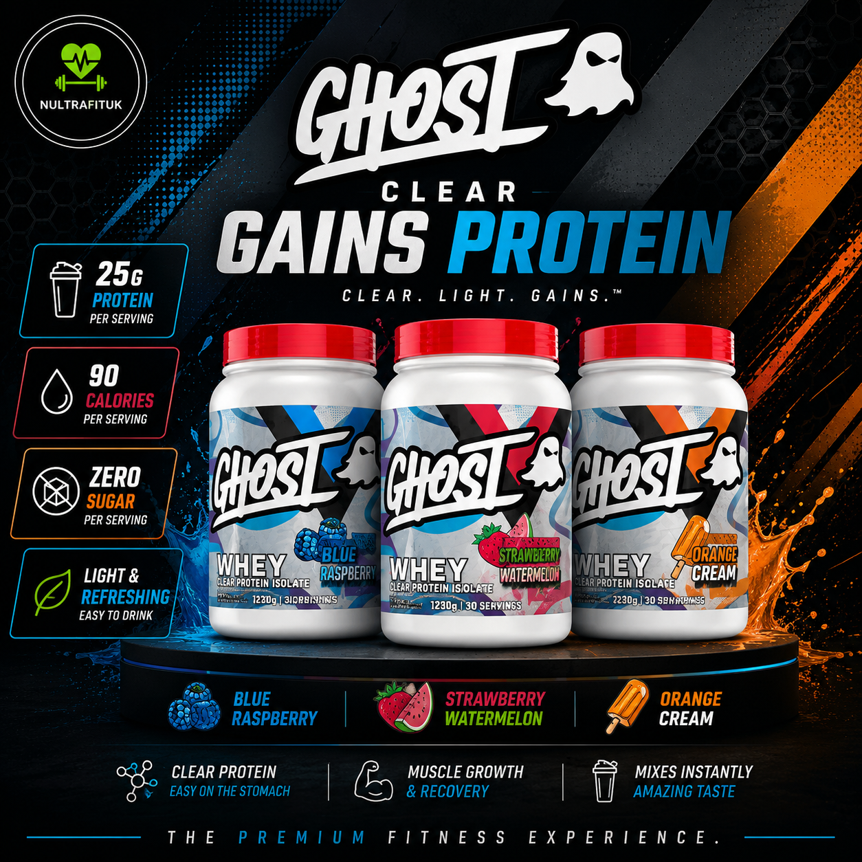 Three tubs of Ghost Clear Gains Protein Whey in Blue Raspberry, Strawberry Watermelon, and Orange Cream flavours, displayed on a black and blue promotional background with NULTRAFITUK branding.