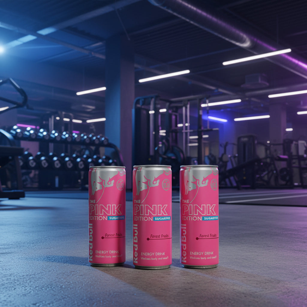 Three pink energy drink cans on a gym floor with equipment in the background