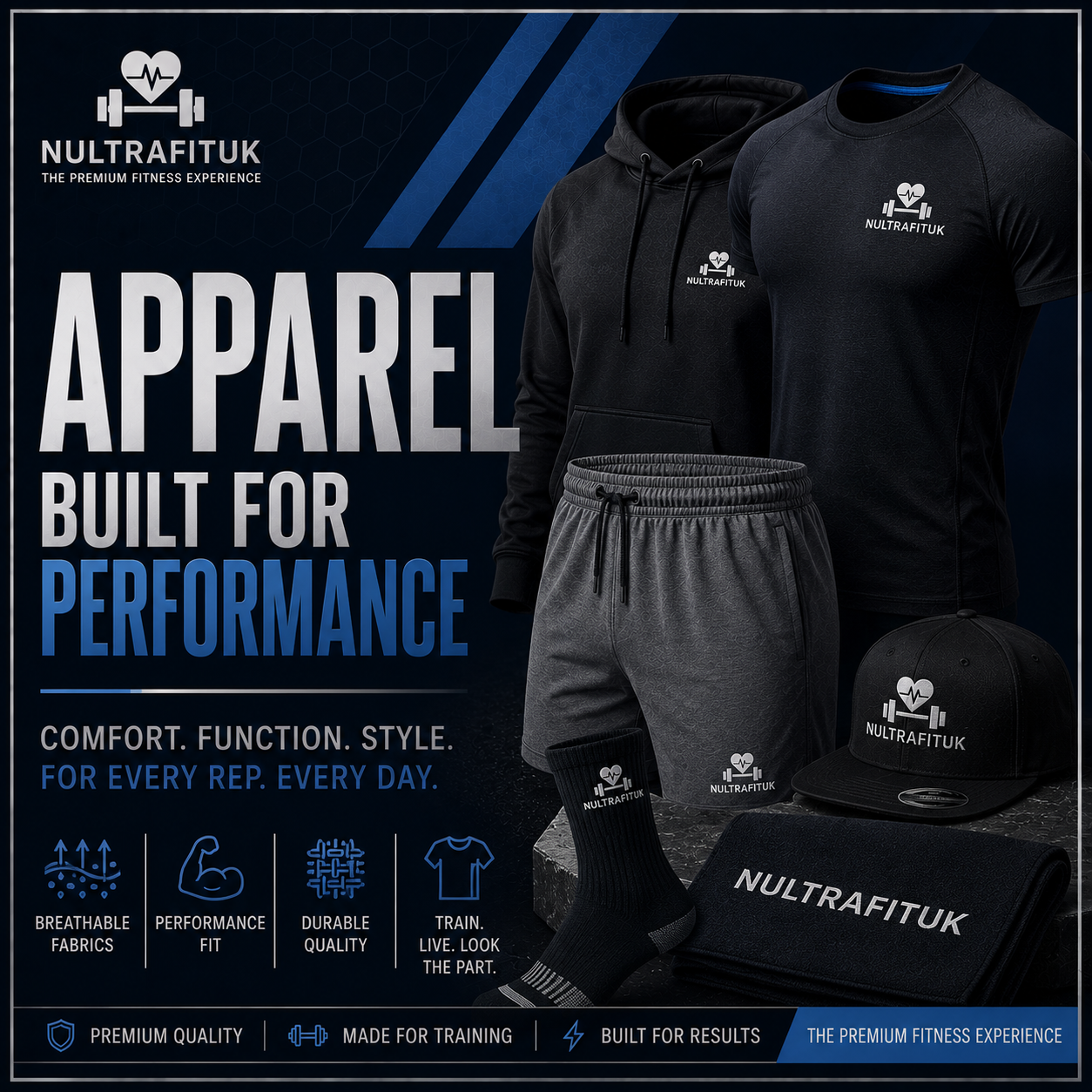 A fitness apparel bundle from NULTRAFITUK, including a black hoodie, black long-sleeve shirt, grey shorts, black socks, a black cap, and a black bag, displayed on a dark blue and black promotional background with text highlighting performance and comfort.