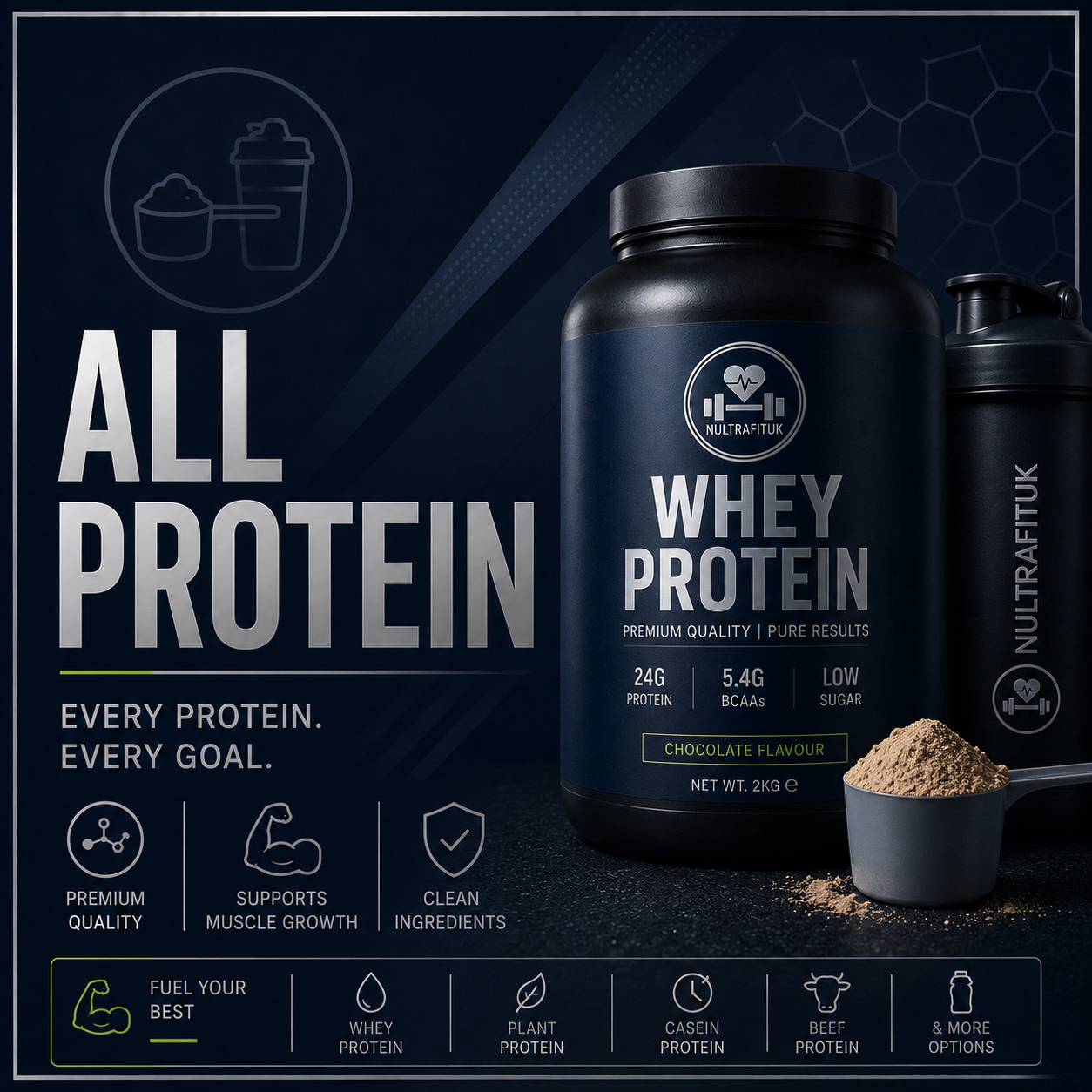 A dark promotional graphic for a whey protein tub. The main product is a large black container labelled 'ALL PROTEIN' and 'WHEY PROTEIN' with 'CHOCOLATE FLAVOUR' and 'NET WT 29G OZ' visible.