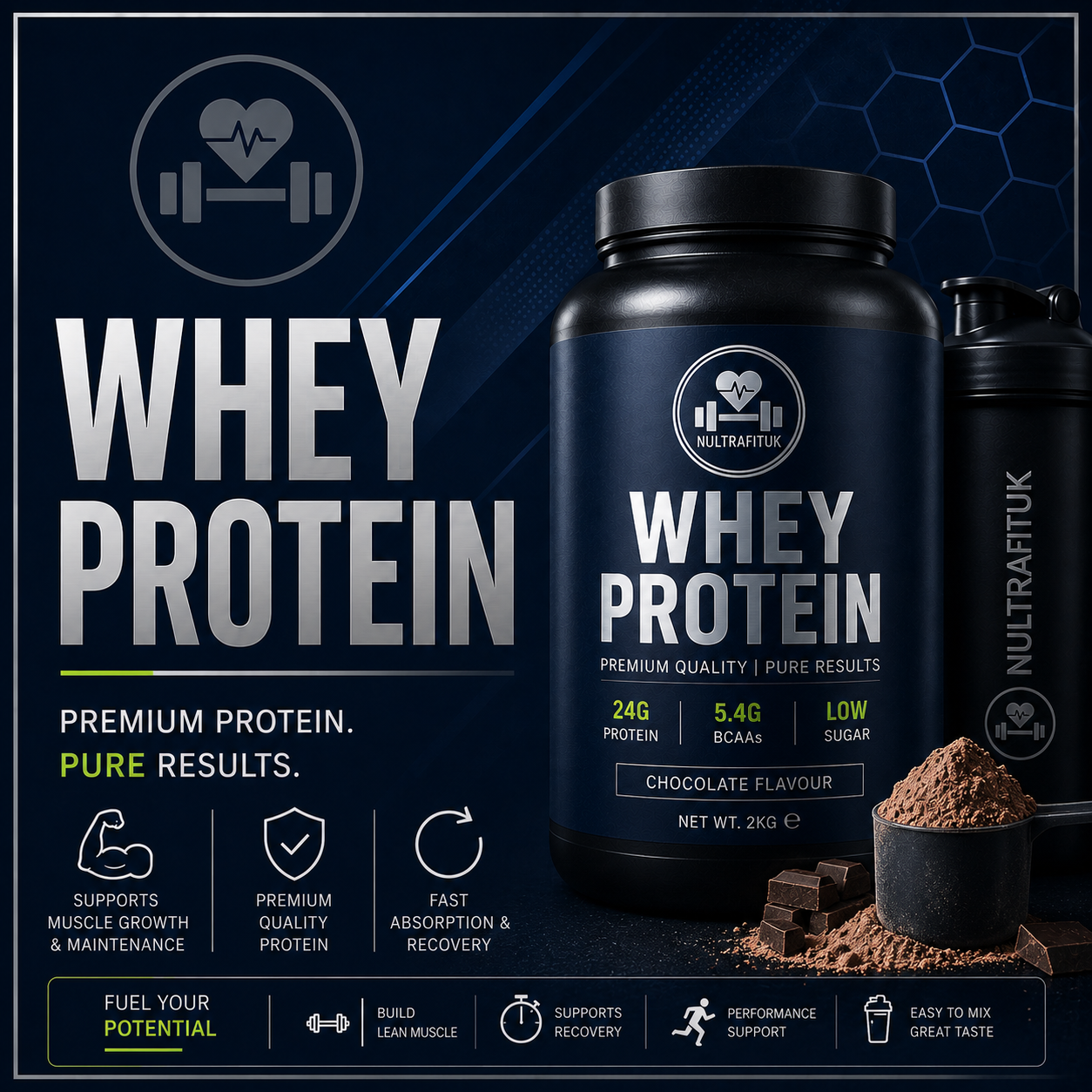 A dark promotional graphic for a NULTRAFITUK Whey Protein tub and shaker bottle. The main product container is black with white text and small green/yellow flavour callouts, shown beside a matching shaker bottle, a scoop of chocolate brown powder, and several feature icons on a dark blue background.