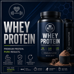 A dark promotional graphic for a NULTRAFITUK Whey Protein tub and shaker bottle. The main product container is black with white text and small green/yellow flavour callouts, shown beside a matching shaker bottle, a scoop of chocolate brown powder, and several feature icons on a dark blue background.