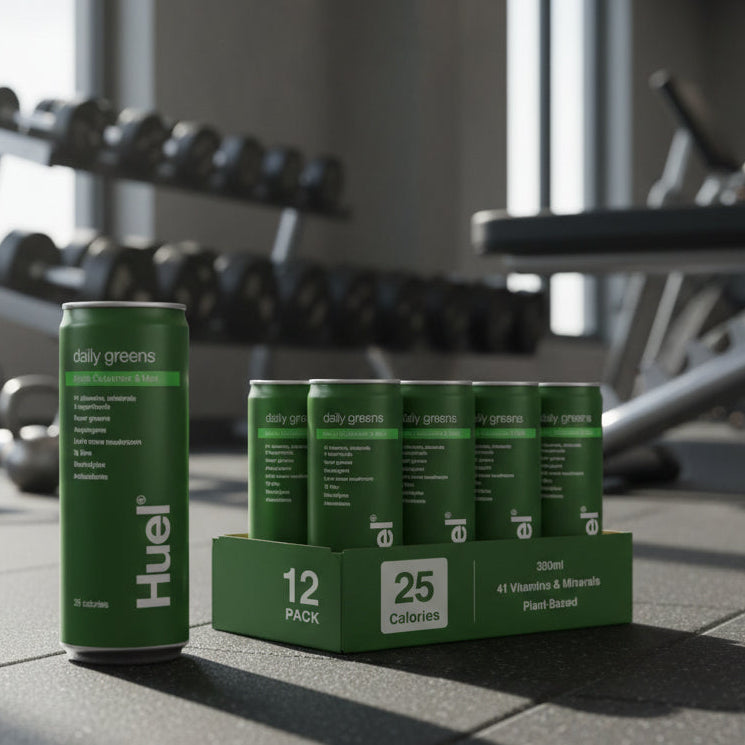 Huel Daily Greens Cans Peach & Hibiscus Flavour on a gym floor.