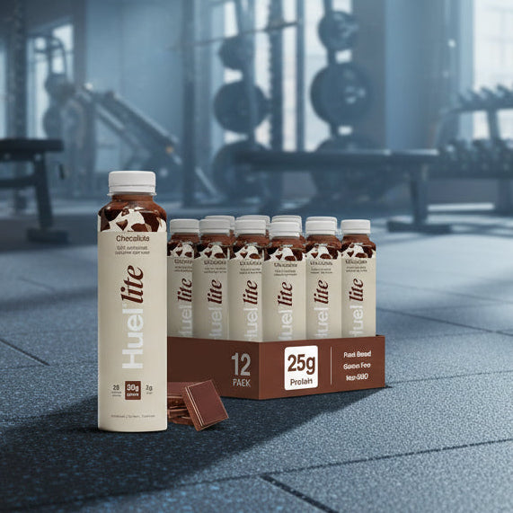 HUEL Lite Ready-to Drink chocolate flavour case on a gym floor.