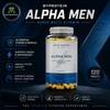Myprotein Alpha Men Super Multi Vitamin supplement bottle shown on a dark blue promotional background with text callouts and icons about vitamins, energy, immune support, and mental function.