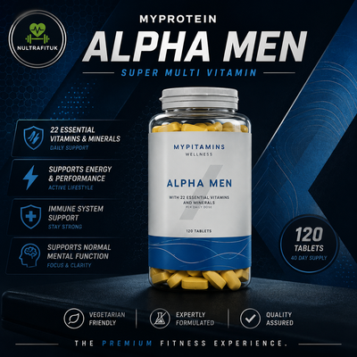 Myprotein Alpha Men Super Multi Vitamin supplement bottle shown on a dark blue promotional background with text callouts and icons about vitamins, energy, immune support, and mental function.