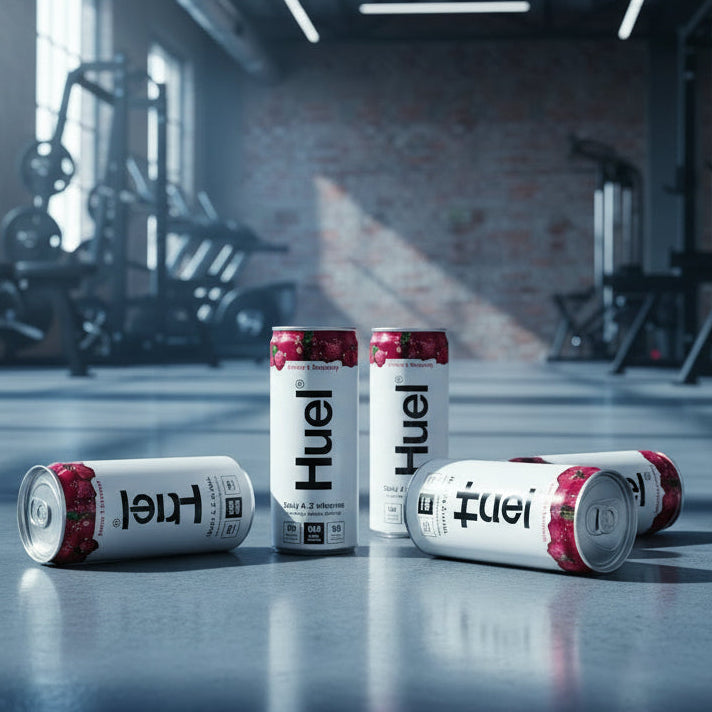 HUEL Daily A-Z Vitamin Cherry raspberry flavour Cans on a gym floor