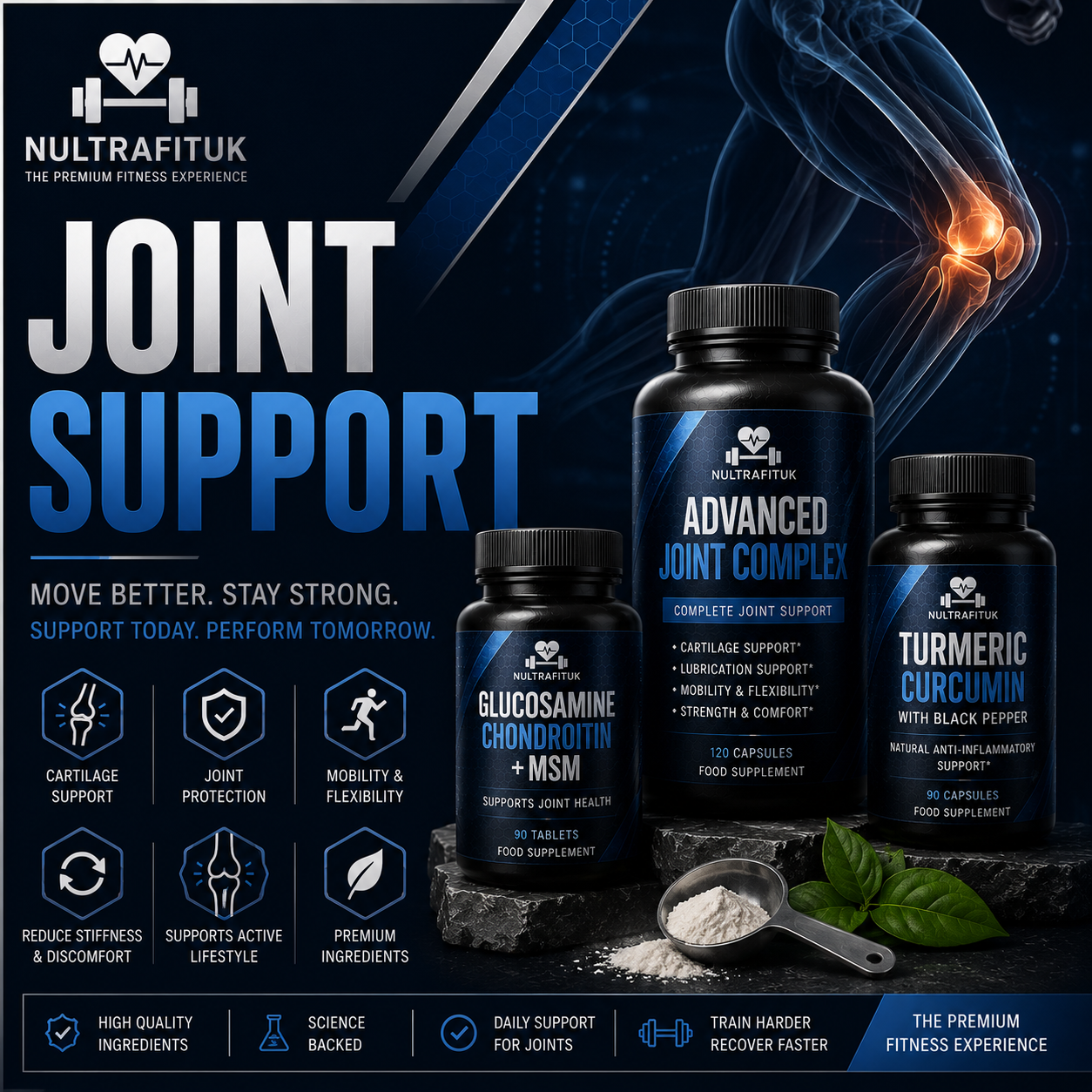 Three black supplement bottles labelled NULTRAFITUK Joint Support, Glucosamine Chondron + MSM, Advanced Joint Complex, and Turmeric Curcumin with Black Pepper, displayed on a dark blue promotional background with text, icons, and a knee illustration.